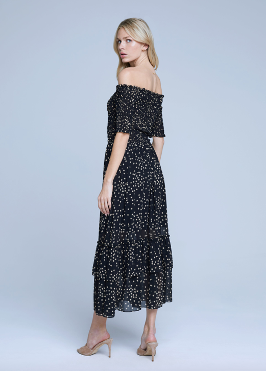 Oriel Off Shoulder Dress Black/Tan Stars